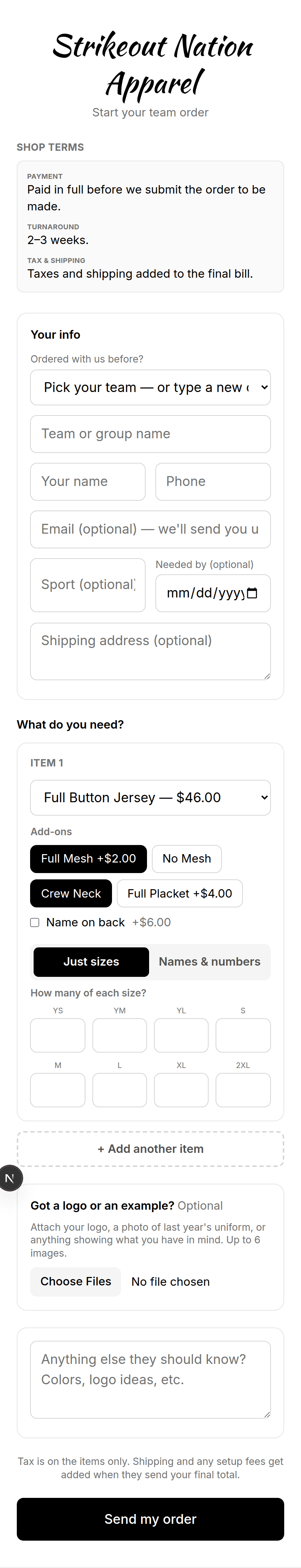 A customer order form headed with a shop's name, its payment terms and turnaround, and a size grid.