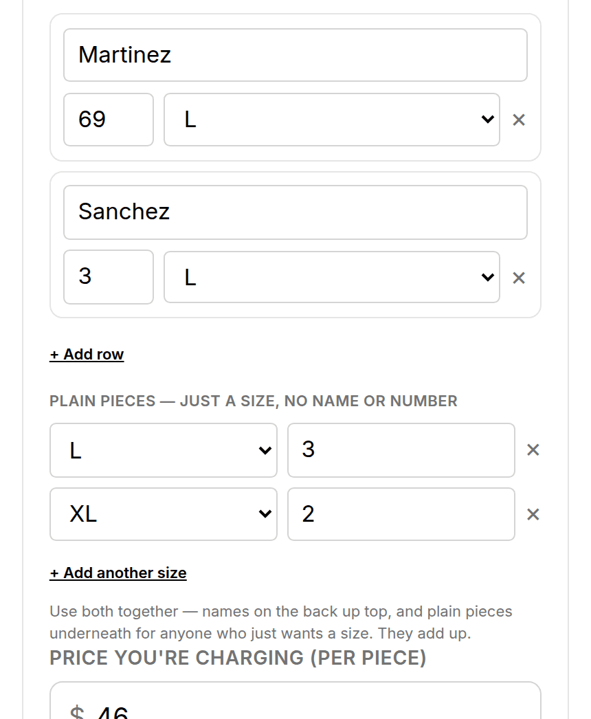 An order with two named players on a jersey and a plain-pieces grid underneath holding three larges and two extra larges.