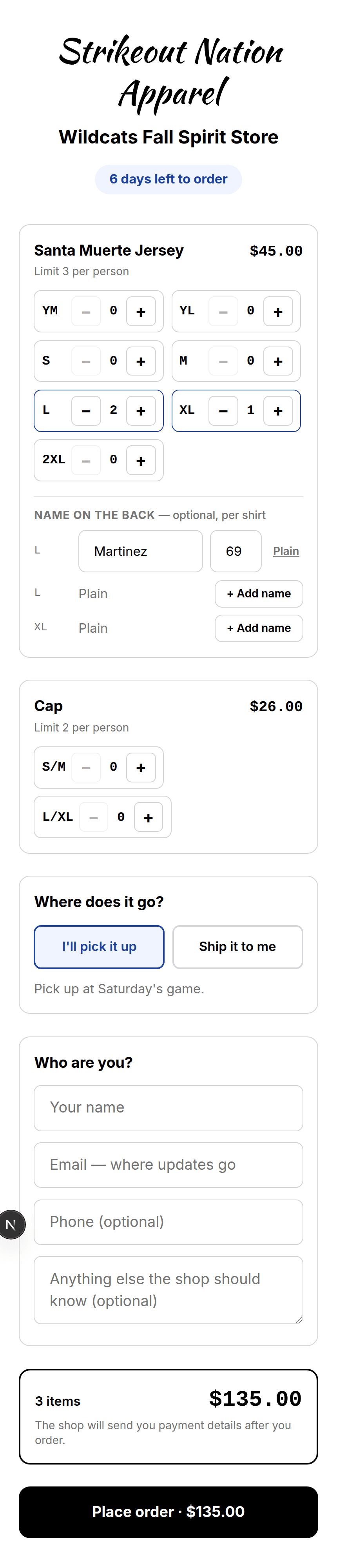 A team store on a phone with sizes, a running total, and a name added to one shirt out of three.